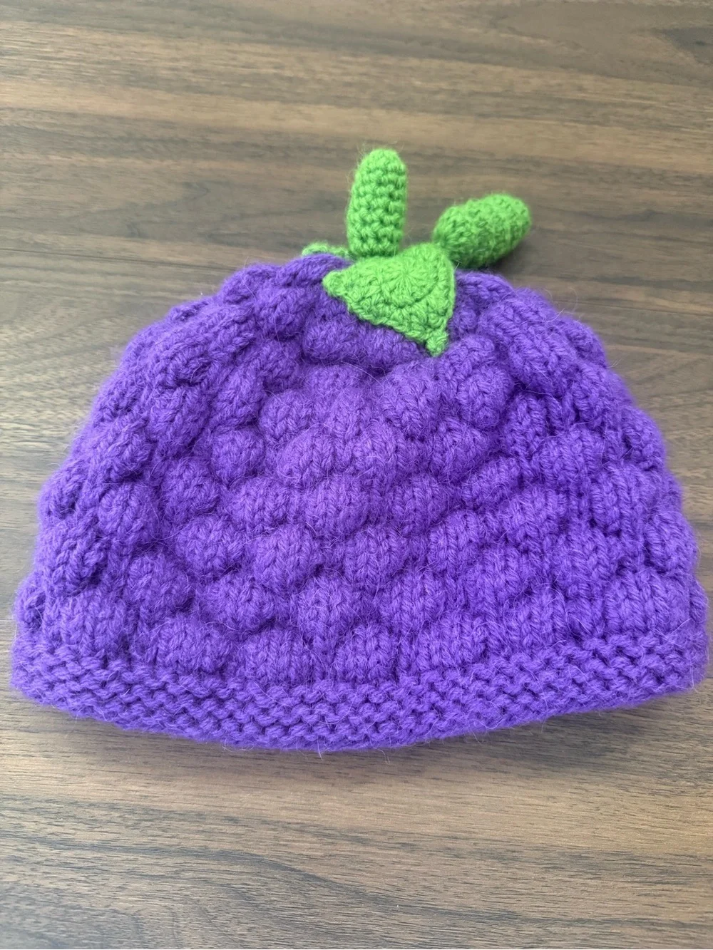 Kids Purple Knit Berry Beanie with Green Leaf Accent